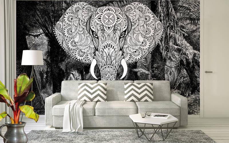             Papier peint panoramique éléphant style boho avec motif jungle - gris, blanc, noir
        