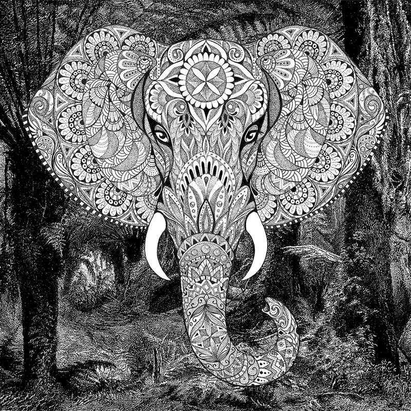         Photo wallpaper elephant boho style with jungle motif - grey, white, black
    