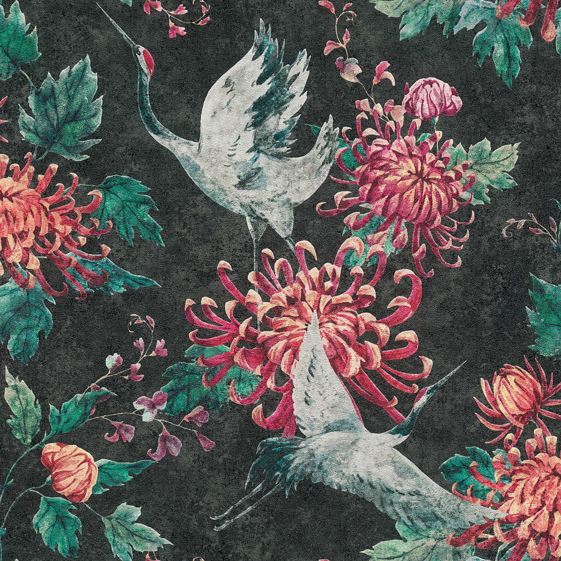 Patroonbehang met Aziatisch kraanvogel- en bloemmotief - zwart, rood, groen
