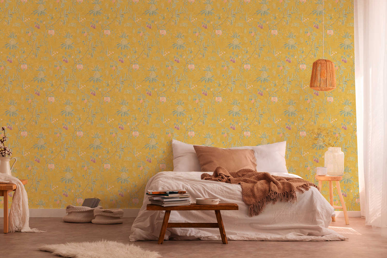             Papier peint vintage motif floral & aspect lin - jaune
        