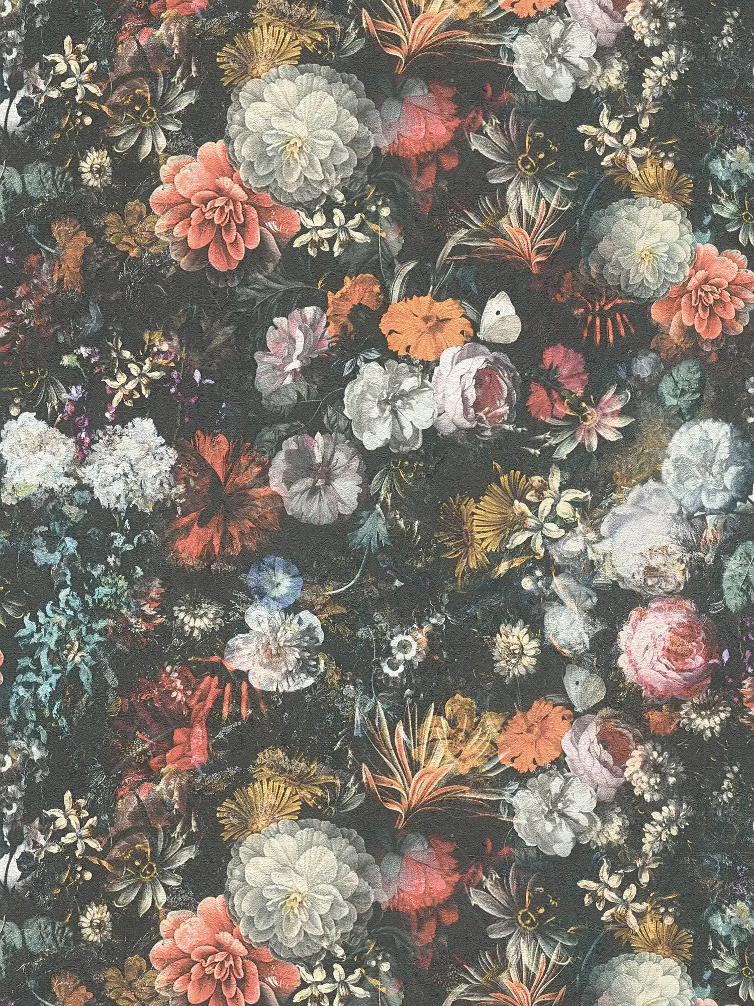         Flowers wallpaper vintage design with roses - colourful, grey, orange
    