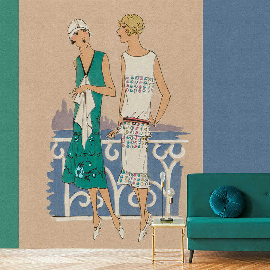 Parisienne 3 - Carta da parati retrò con stampa moda anni '20 in blu e verde
