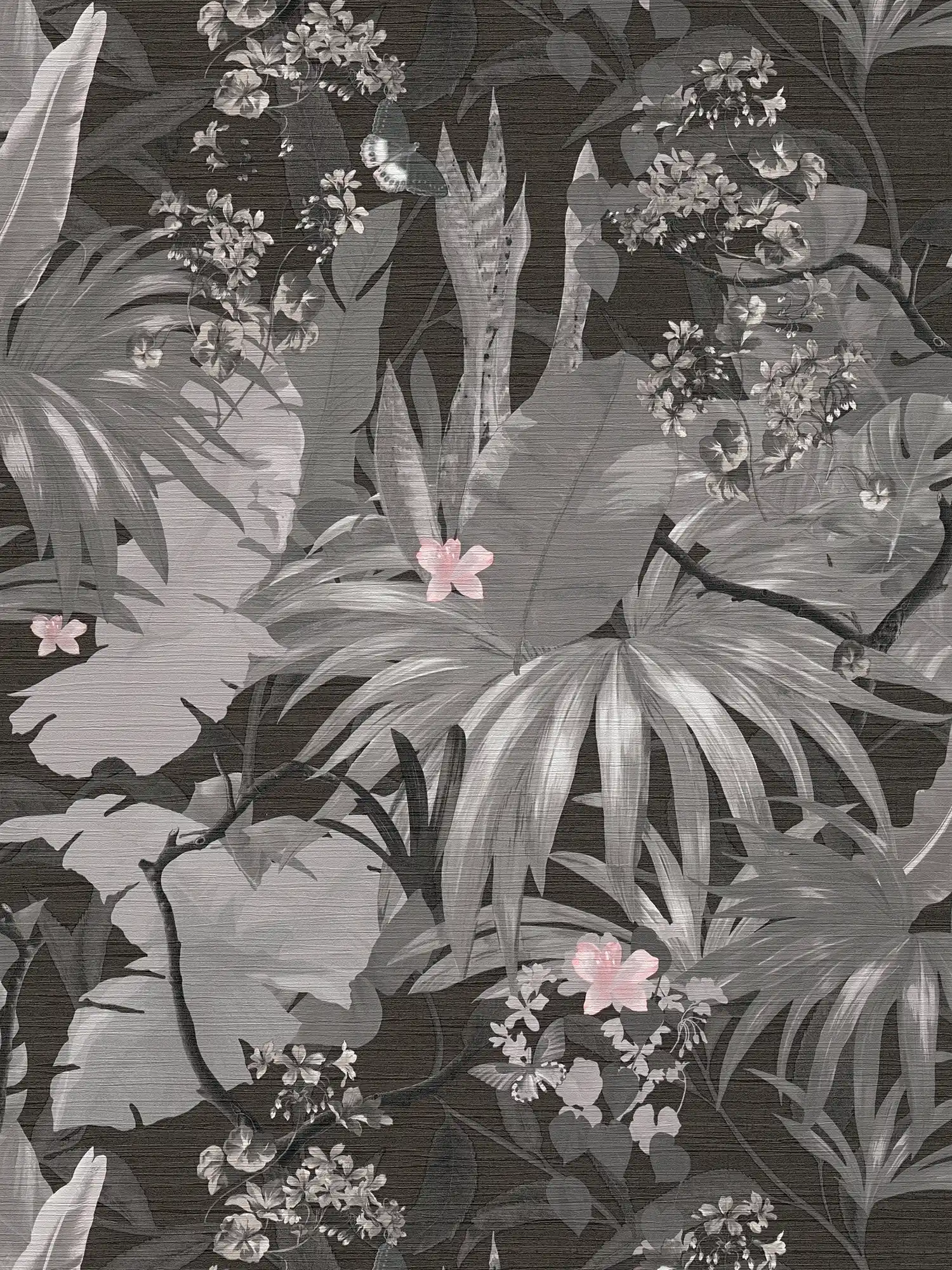             Papel pintado de aspecto selvático con diseño de naturaleza - gris, rosa
        