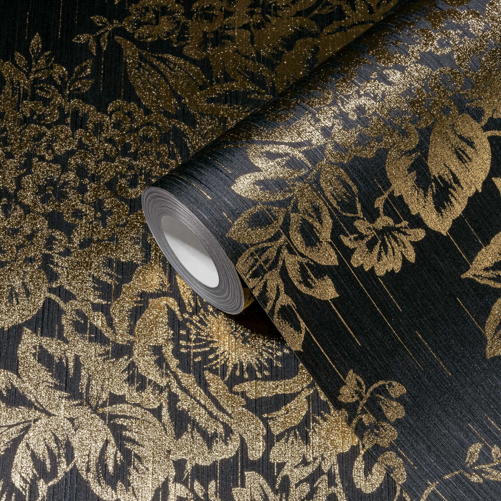            Textured wallpaper with golden floral pattern - gold, black
        