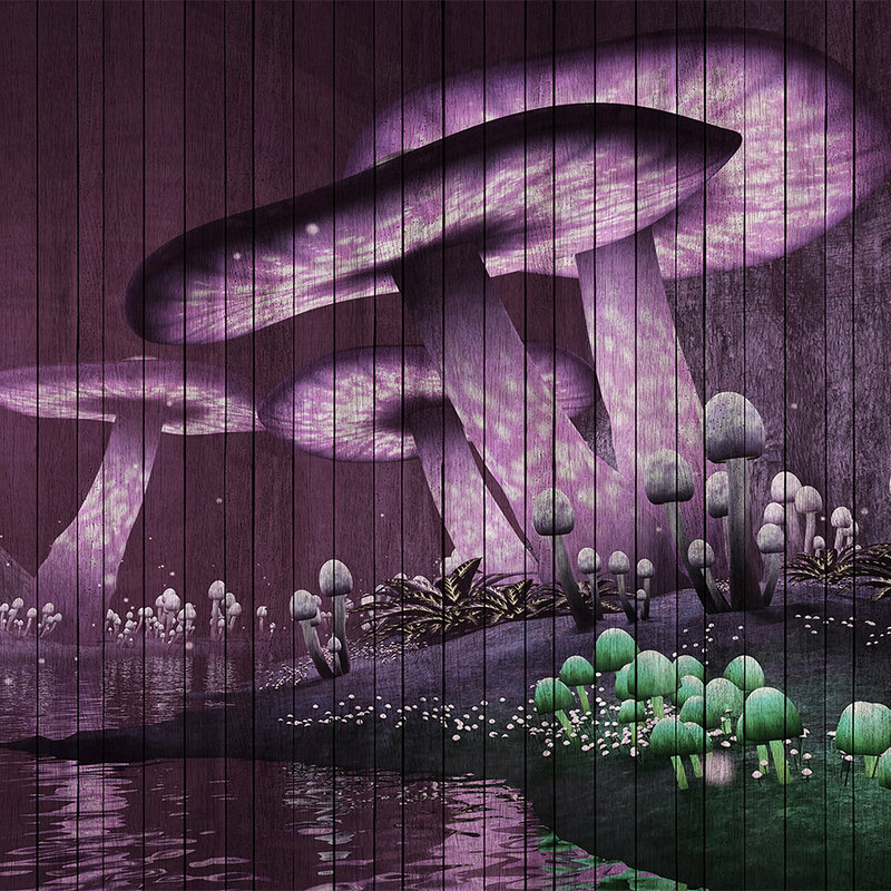 Fantasía 2 - Fotomural bosque mágico con estructura de paneles de madera - Verde, Violeta | Perla liso no tejido
