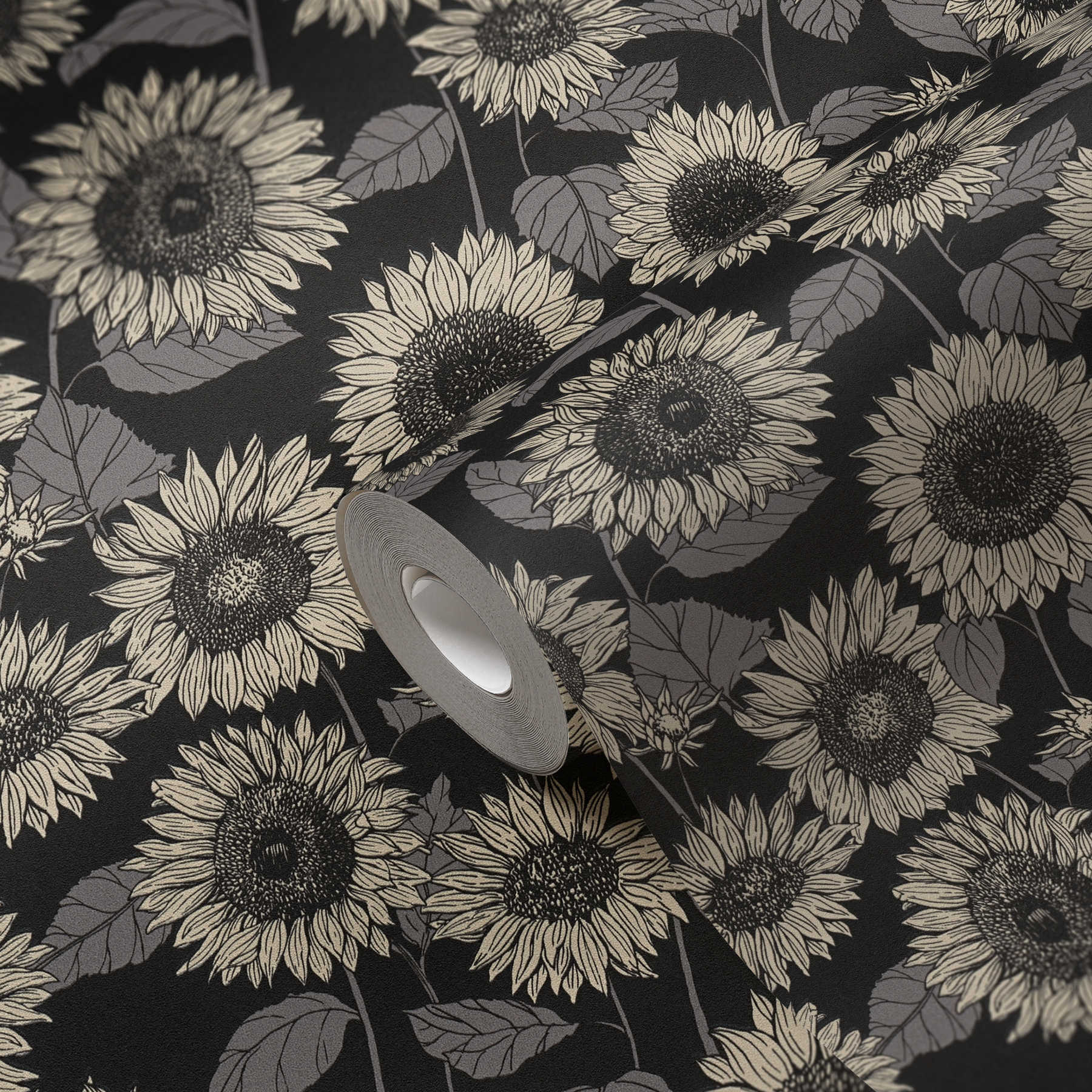             Zonnebloem behang met metallic effect bloemen - zwart, antraciet, grijs
        