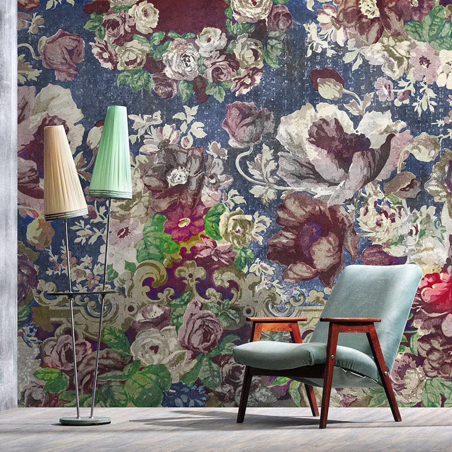 Photo wallpaper »carmente 2« - Classic style floral pattern against a vintage plaster texture - Colourful | Smooth, slightly shiny premium non-woven fabric
