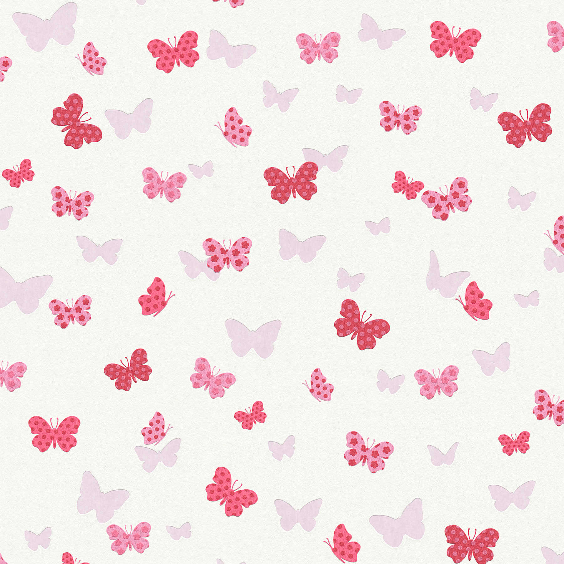 Papel pintado con motivos de mariposas para la habitación de los niños - blanco, rojo, rosa
