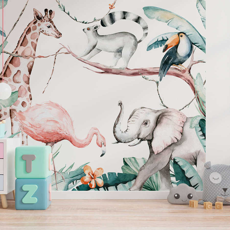 Papier peint panoramique avec des animaux de la jungle pour enfants - multicolore, vert, blanc
