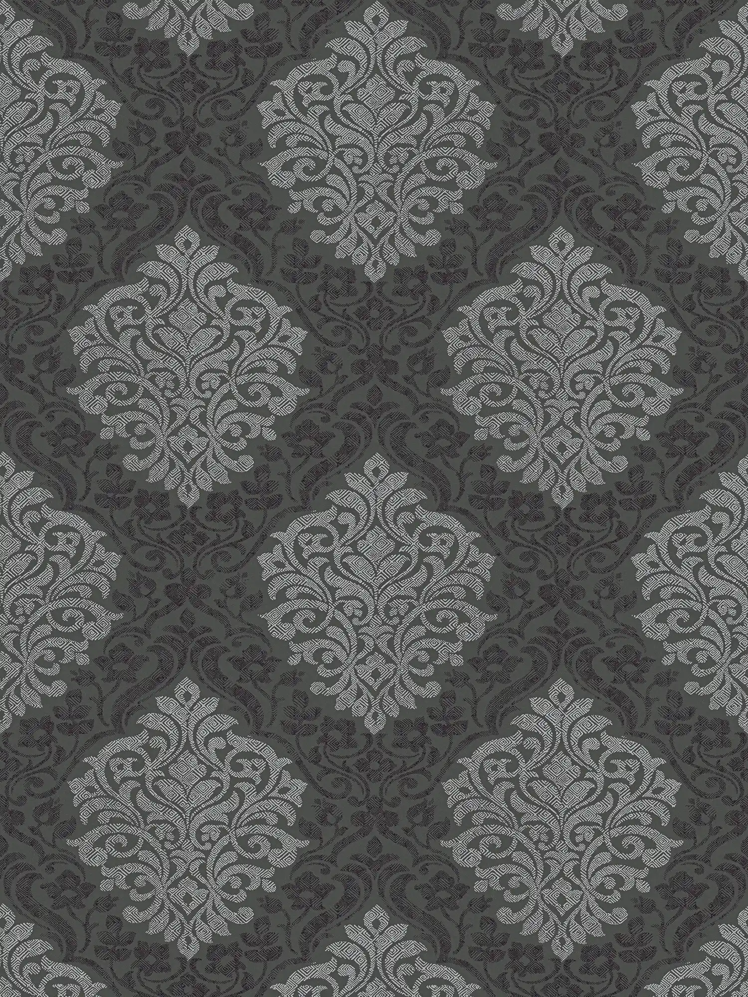 Papier peint floral ornemental motif losange style ethnique - argent, noir, gris
