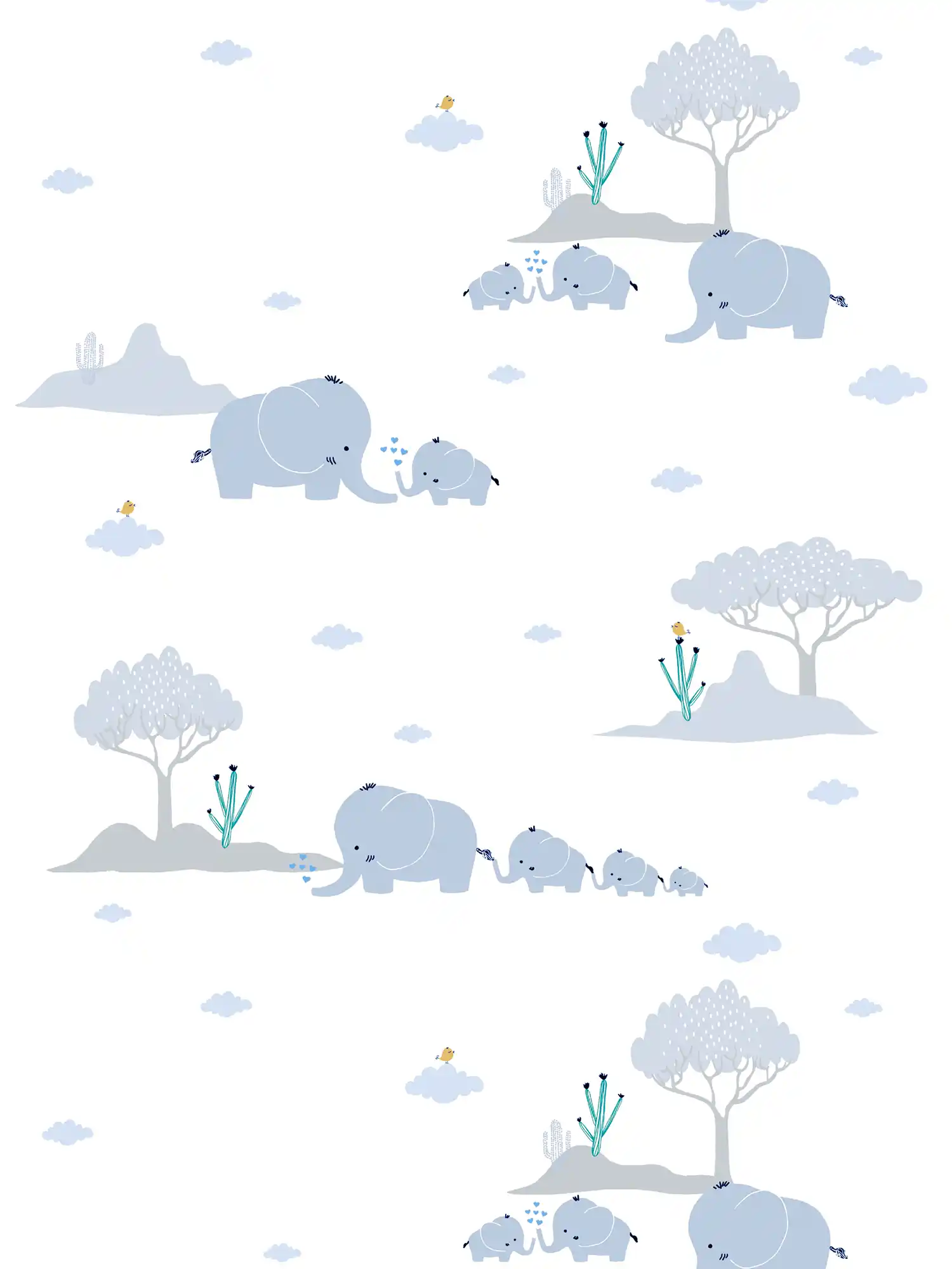 Papier peint chambre enfant garçon éléphants & paysage - bleu, gris, blanc

