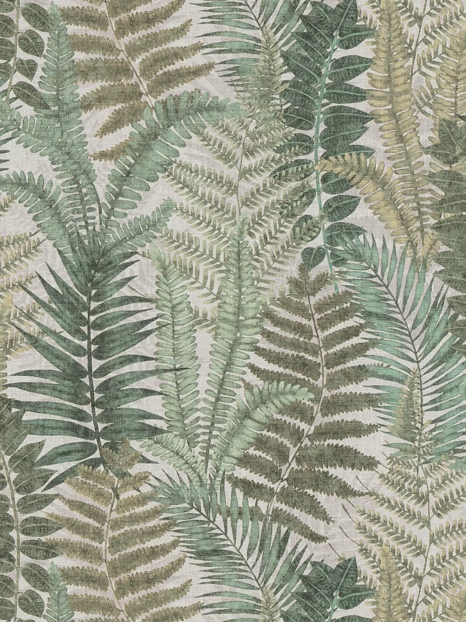 papier peint en papier floral avec feuilles de fougère légèrement structuré, mat - beige, vert, marron
