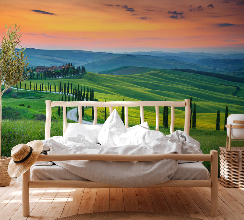             Toscane in de zonsopgang muurschildering - groen, oranje, geel
        