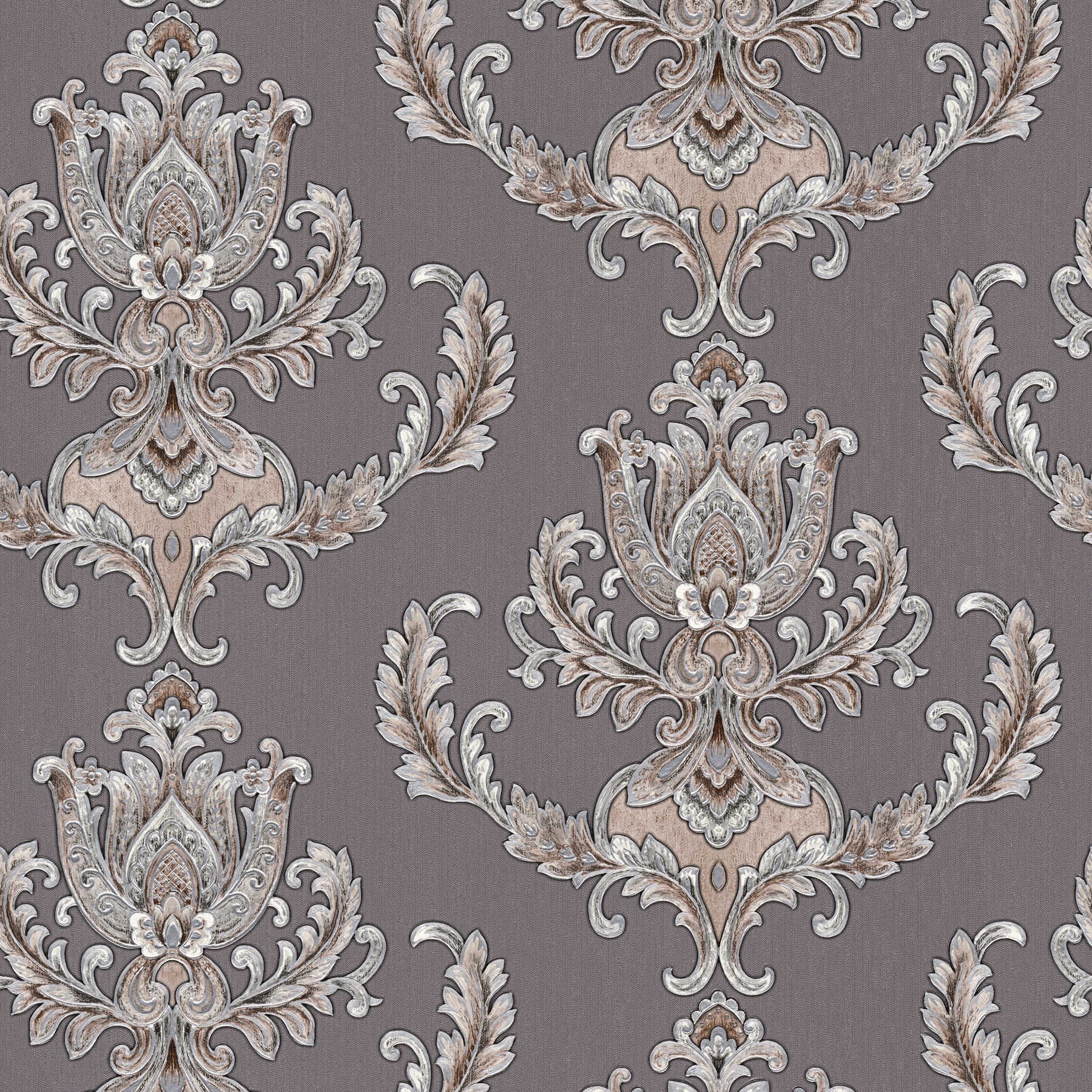 Metallic wallpaper with opulent ornament design - grey
