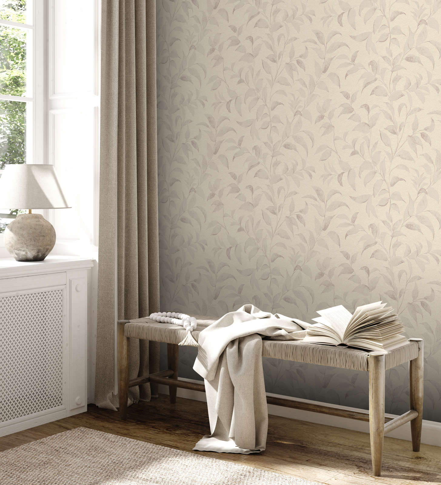             Floral wallpaper with leaves shimmering textured - grey, silver
        