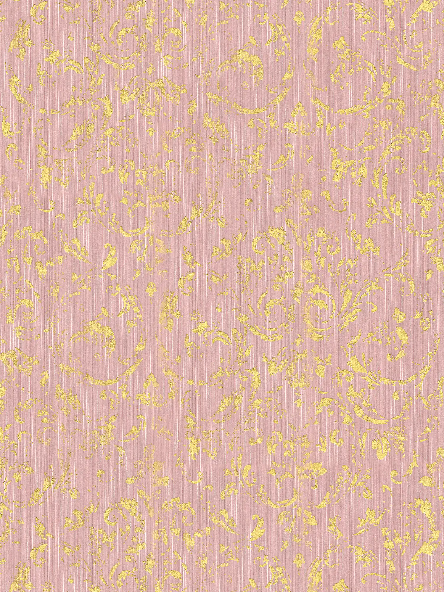Wallpaper with gold ornaments in used look - pink, gold
