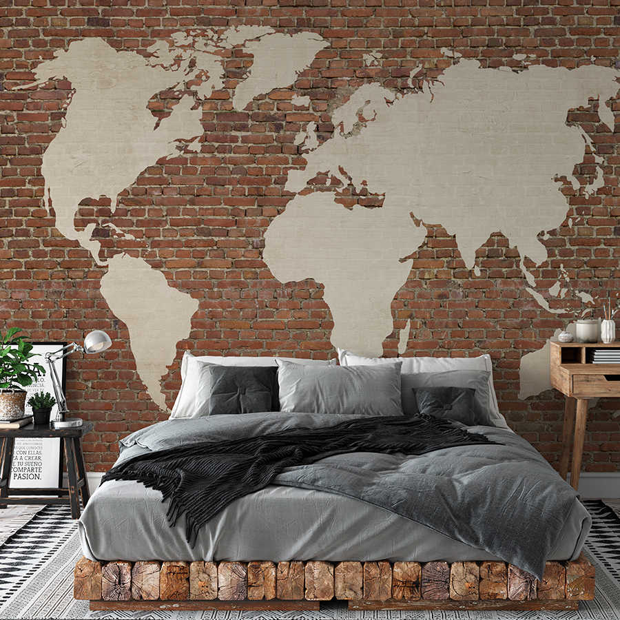         Photo wallpaper stone wall & world maps motif - brown, cream
    