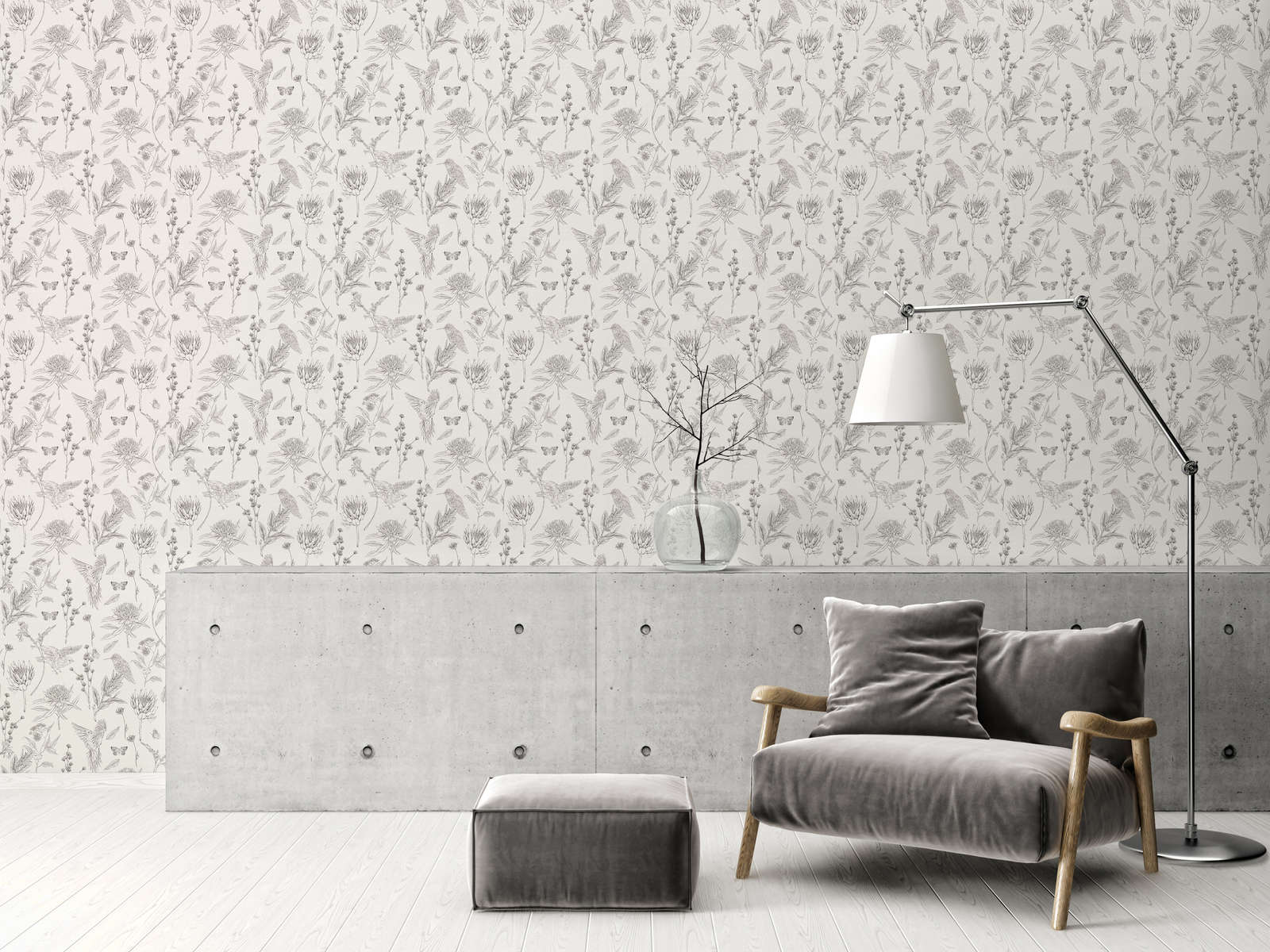             wallpaper floral with flowers & animals textured matt - white, black
        