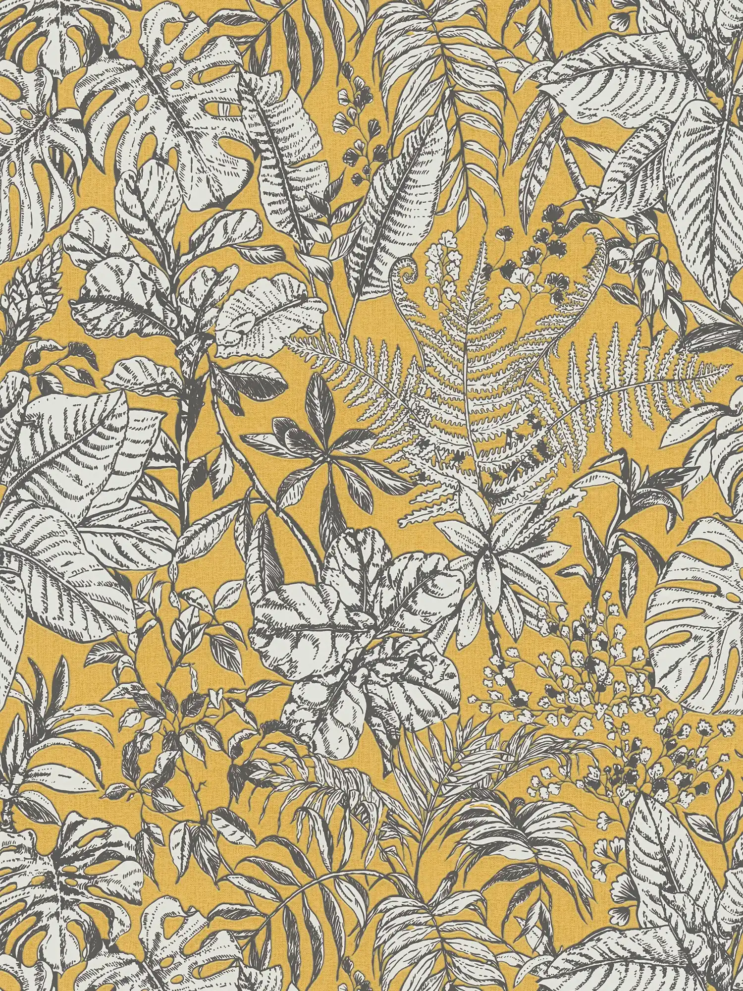 Non-woven wallpaper jungle, monstera leaves & ferns - yellow, white, grey
