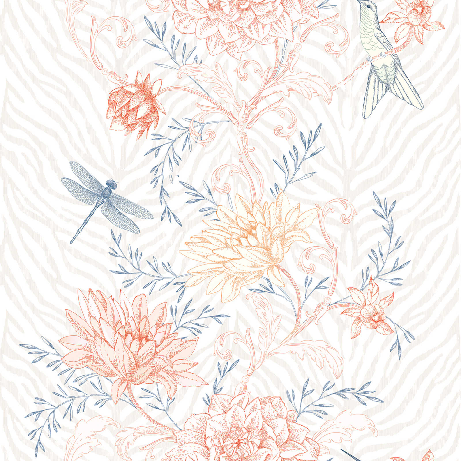 Heldere bloemranken behang met vogels en libellen - kleurrijk, oranje, blauw
