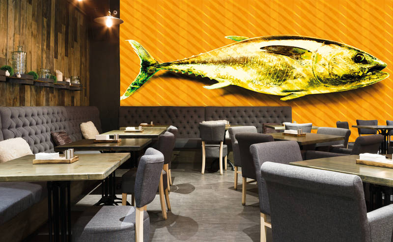             Muurschildering vis, pop art behang met tonijn - oranje, groen, geel
        