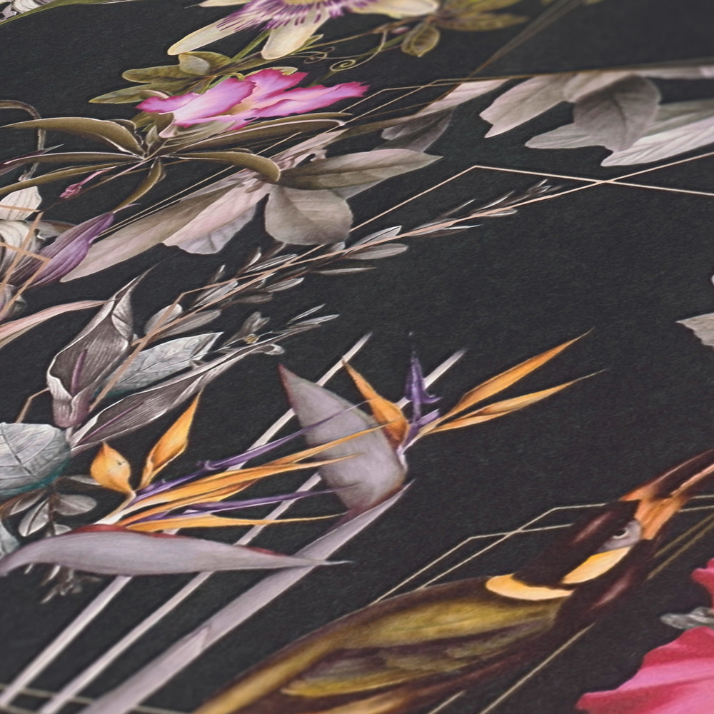             Donker bloemenbehang Hibiscus & Bladeren - Kleurrijk, Zwart
        