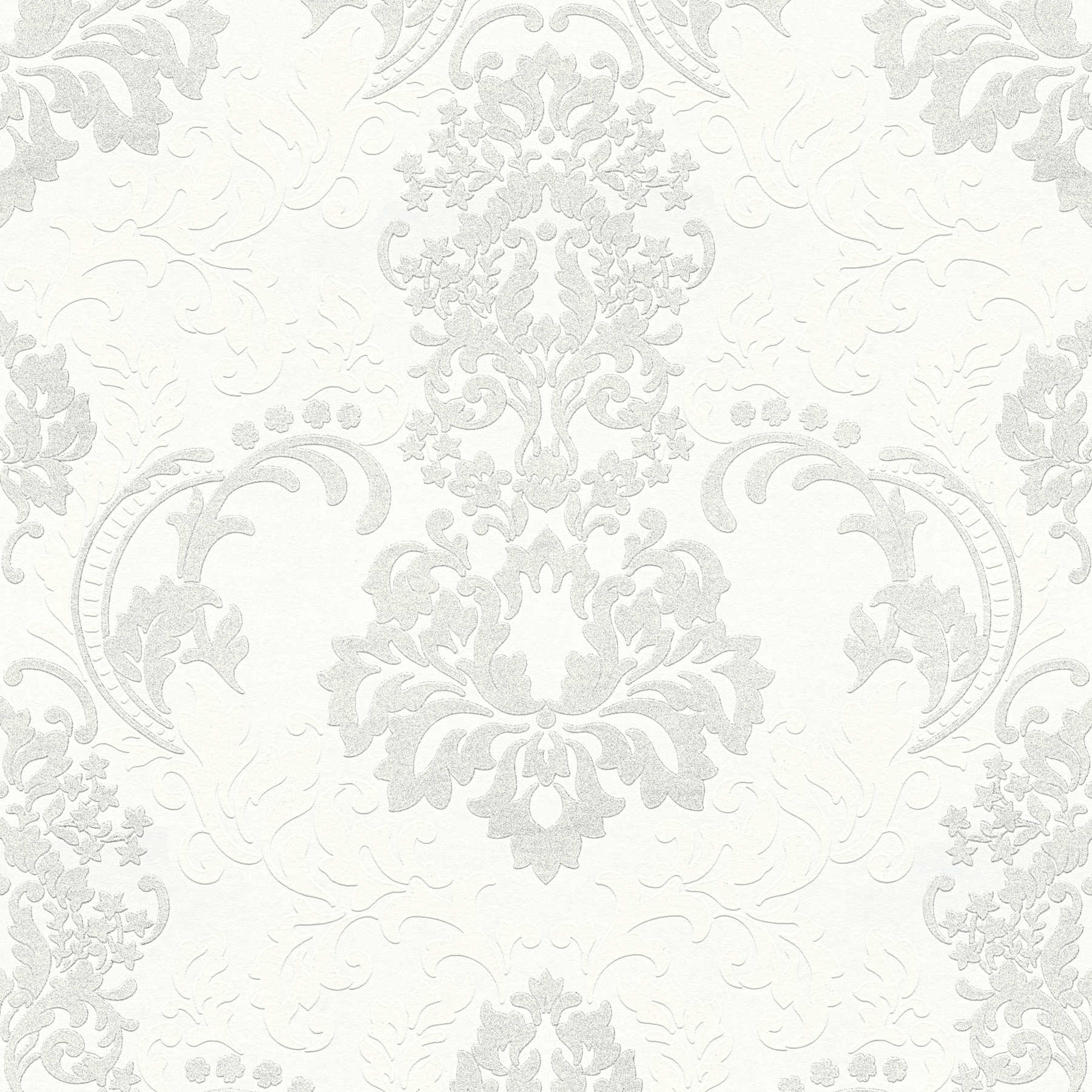 Baroque wallpaper with glitter effect - white
