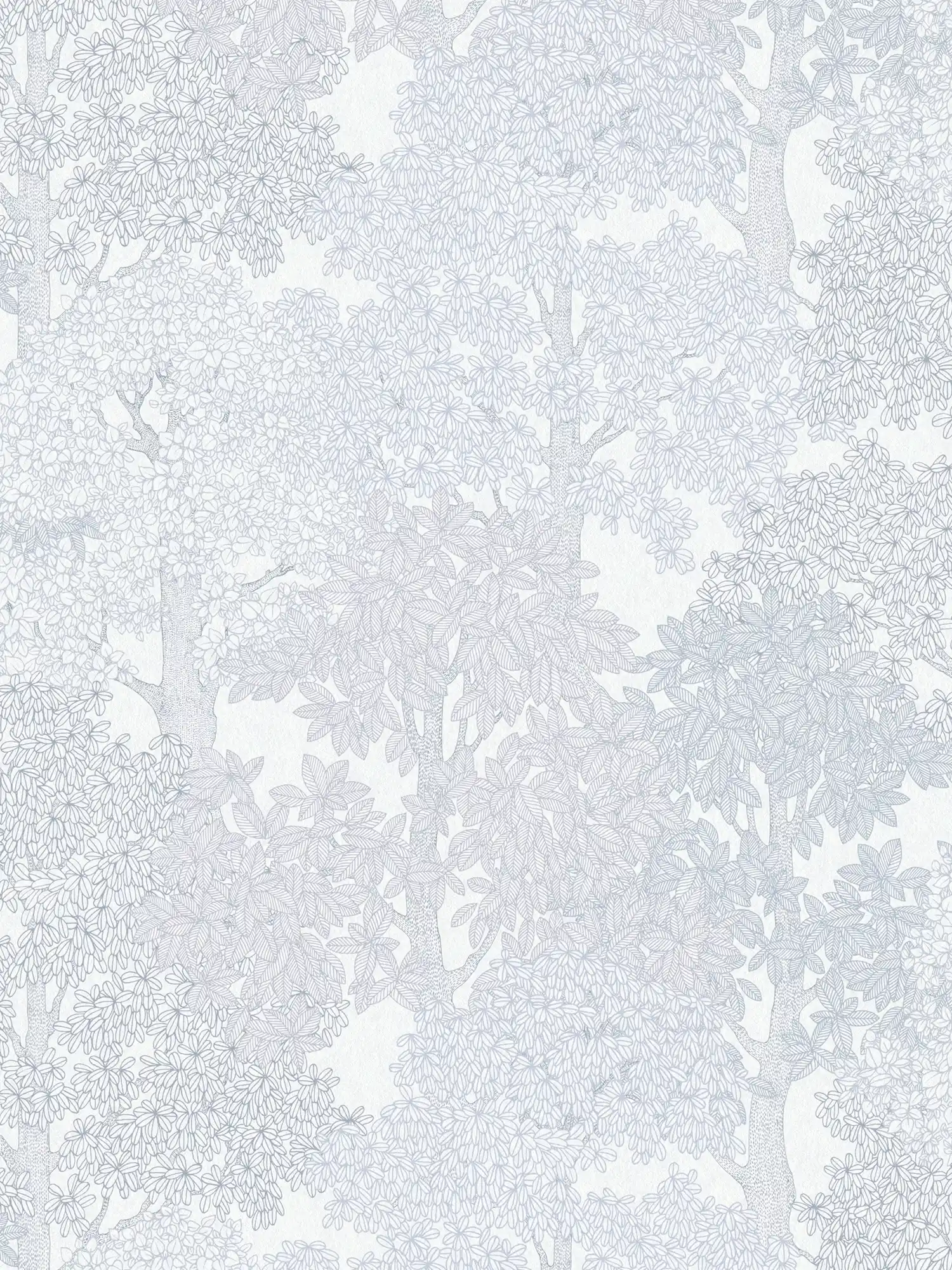 Papel pintado gris con motivos forestales y árboles en estilo de dibujo - gris, blanco

