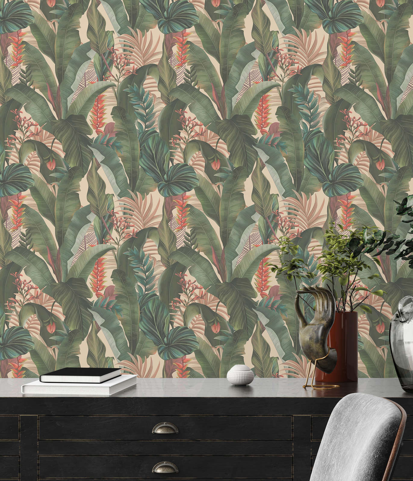             Jungle wallpaper with palm leaves & flowers in floral style textured matt - Beige, Green, Pink
        