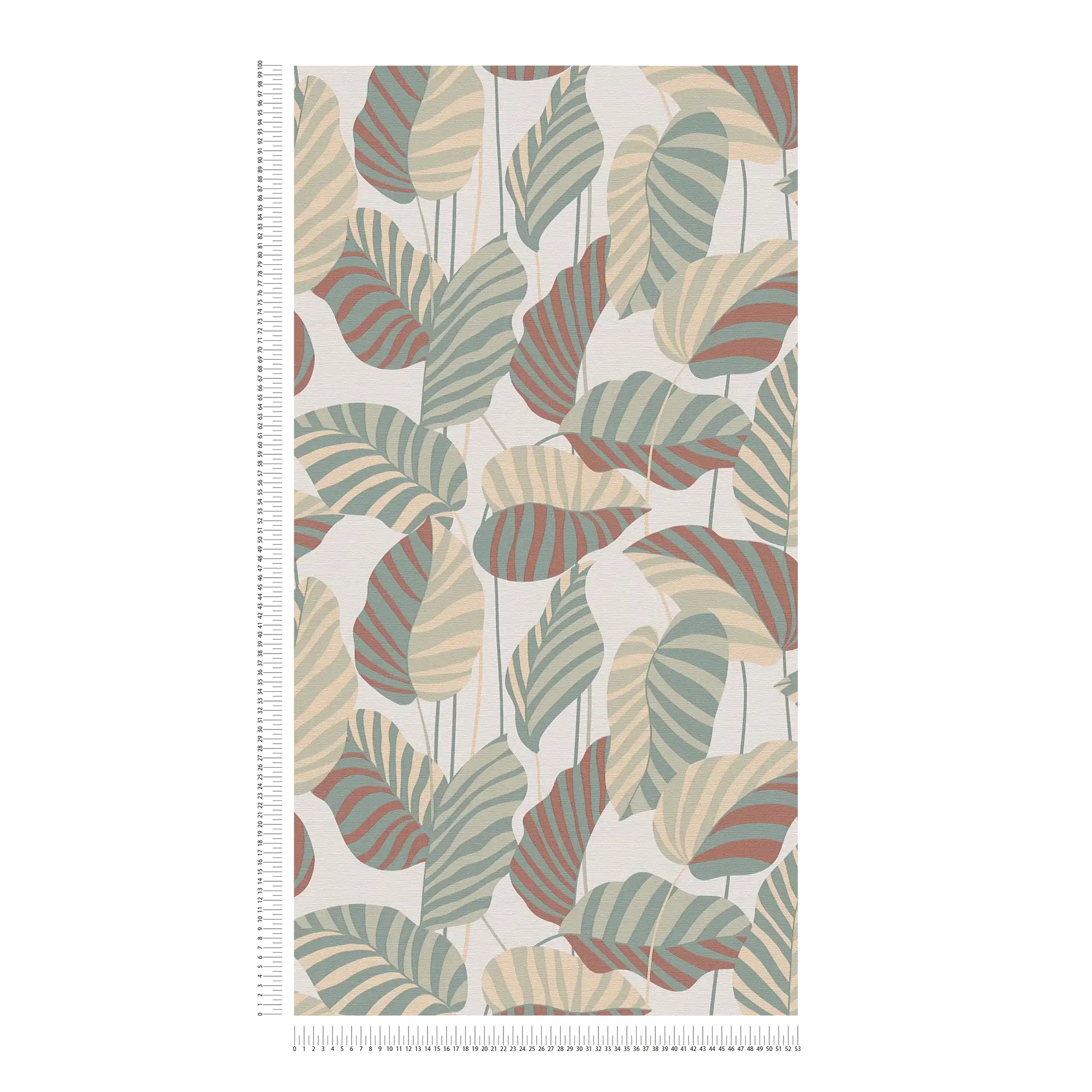             Non-woven wallpaper with large palm leaves in a subtle colour - white, green, orange-red
        