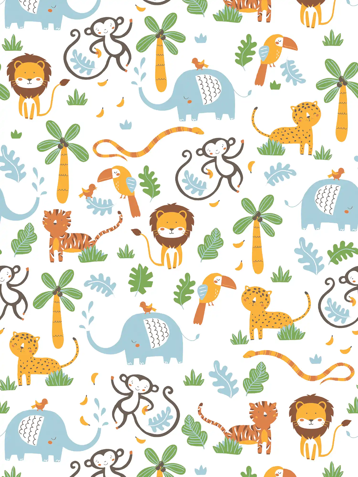 Wallpaper Nursery jungle animals - colourful, yellow, green
