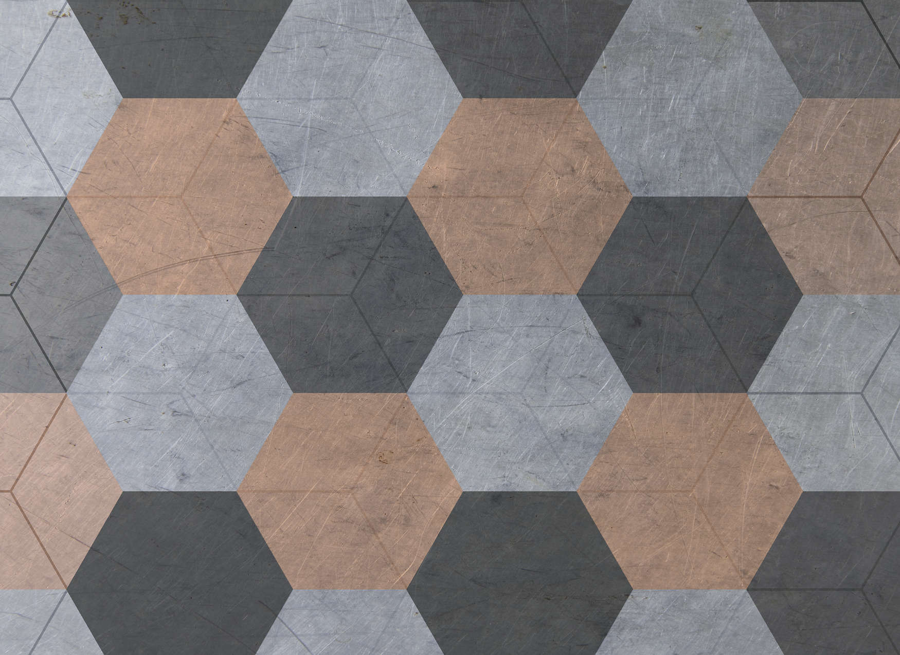             Papier peint panoramique avec carreaux hexagonaux style vintage - noir, gris, orange
        