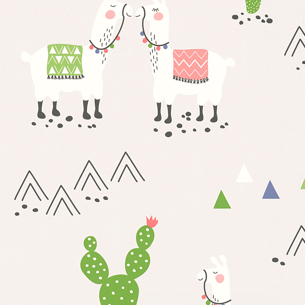             Nursery wallpaper llama colourful pattern & textile look- grey,
        