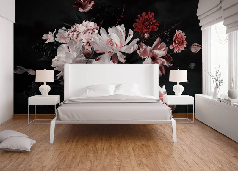             Papel pintado Ramo de flores - Blanco, rosa, negro
        