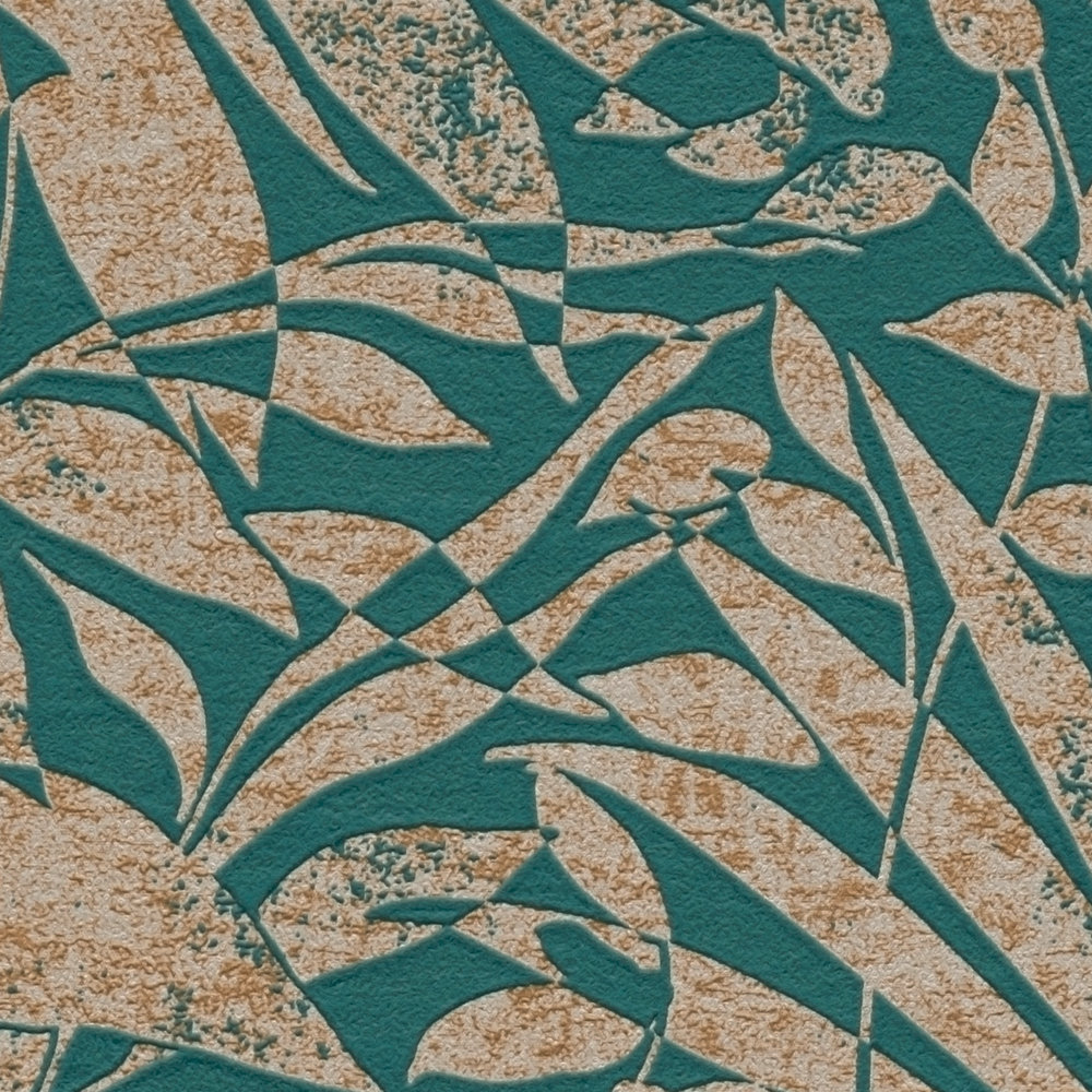             Carta da parati verde con motivo a foglie ed effetto texture metallica
        