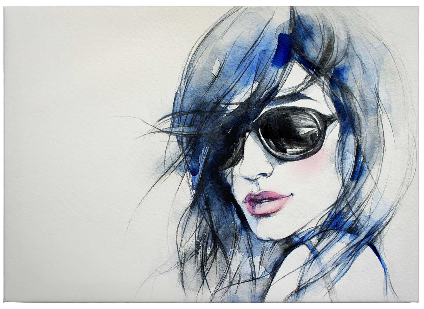             Peinture sur toile Aquarelle Portrait Femme avec lunettes de soleil - 0,70 m x 0,50 m
        