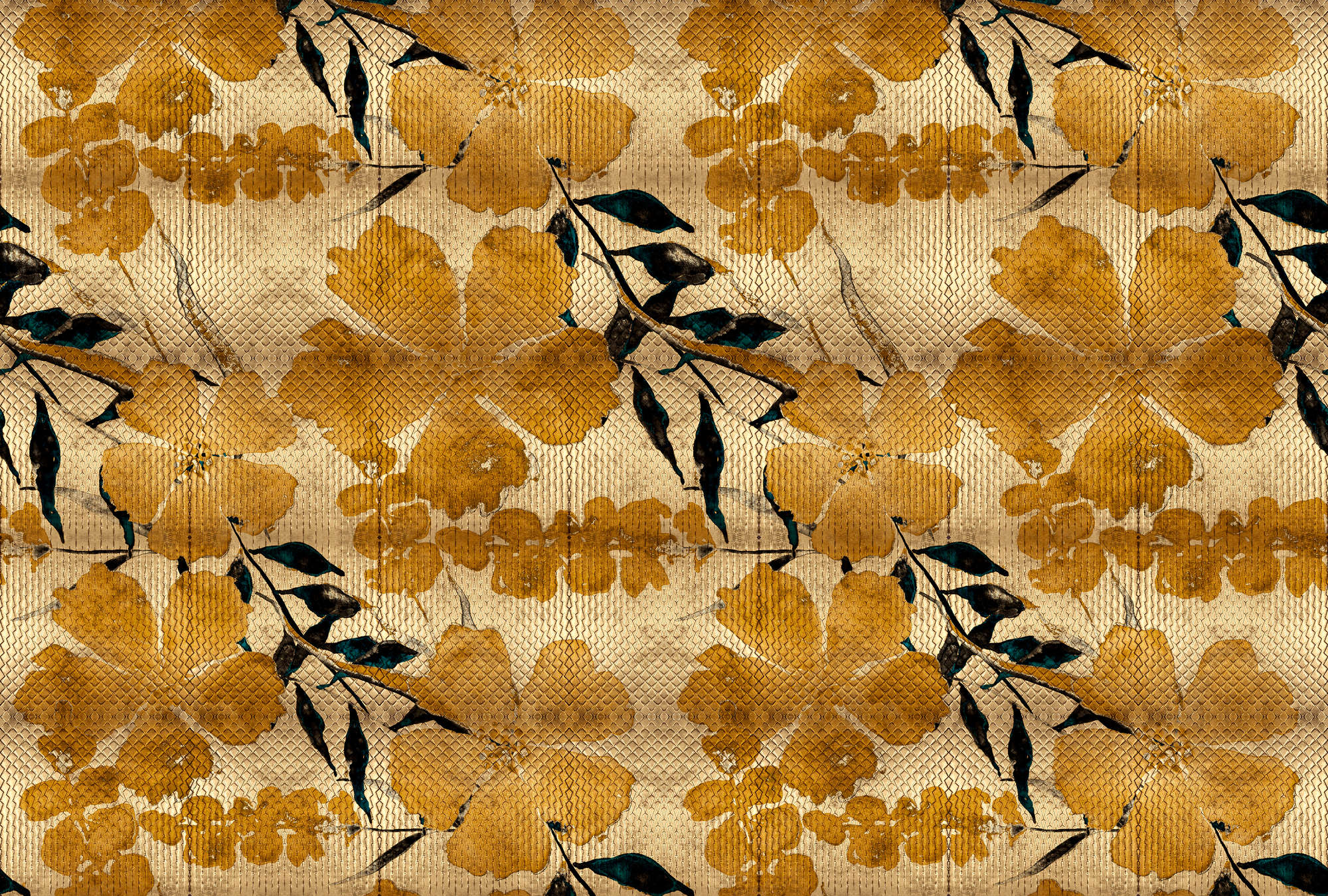             Odessa 1 - Metallic fotobehang met kersenbloesem patroon in goud
        