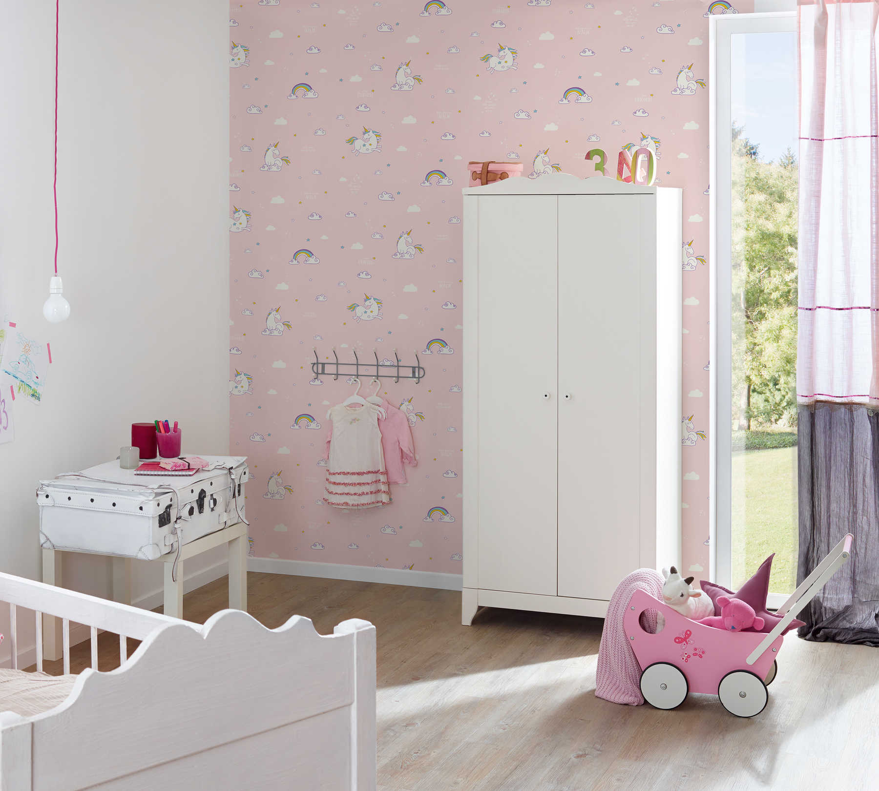             Papel pintado de unicornio rosa para la habitación de los niños - rosa, amarillo
        