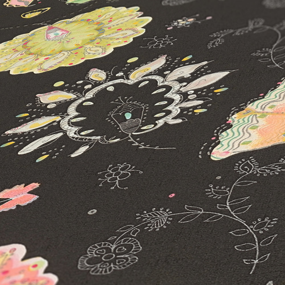             Papier peint intissé avec motif floral et structure légèrement brillante - noir, vert, multicolore
        