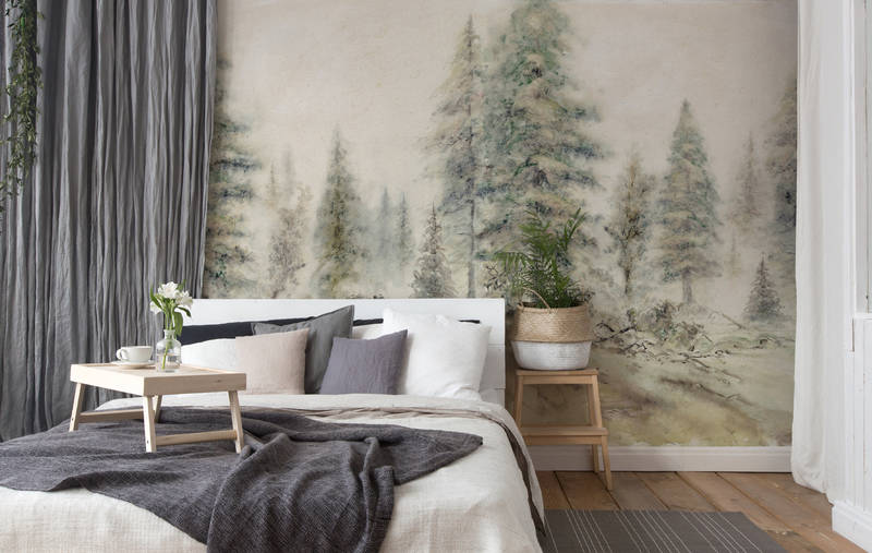             Papier peint forêt, arbres & paysage style aquarelle - marron, vert, beige
        