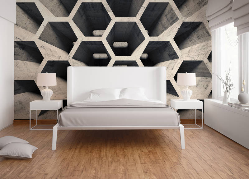             3D Wallpaper with Honeycomb Pattern & Concrete Look - Grey, Beige
        