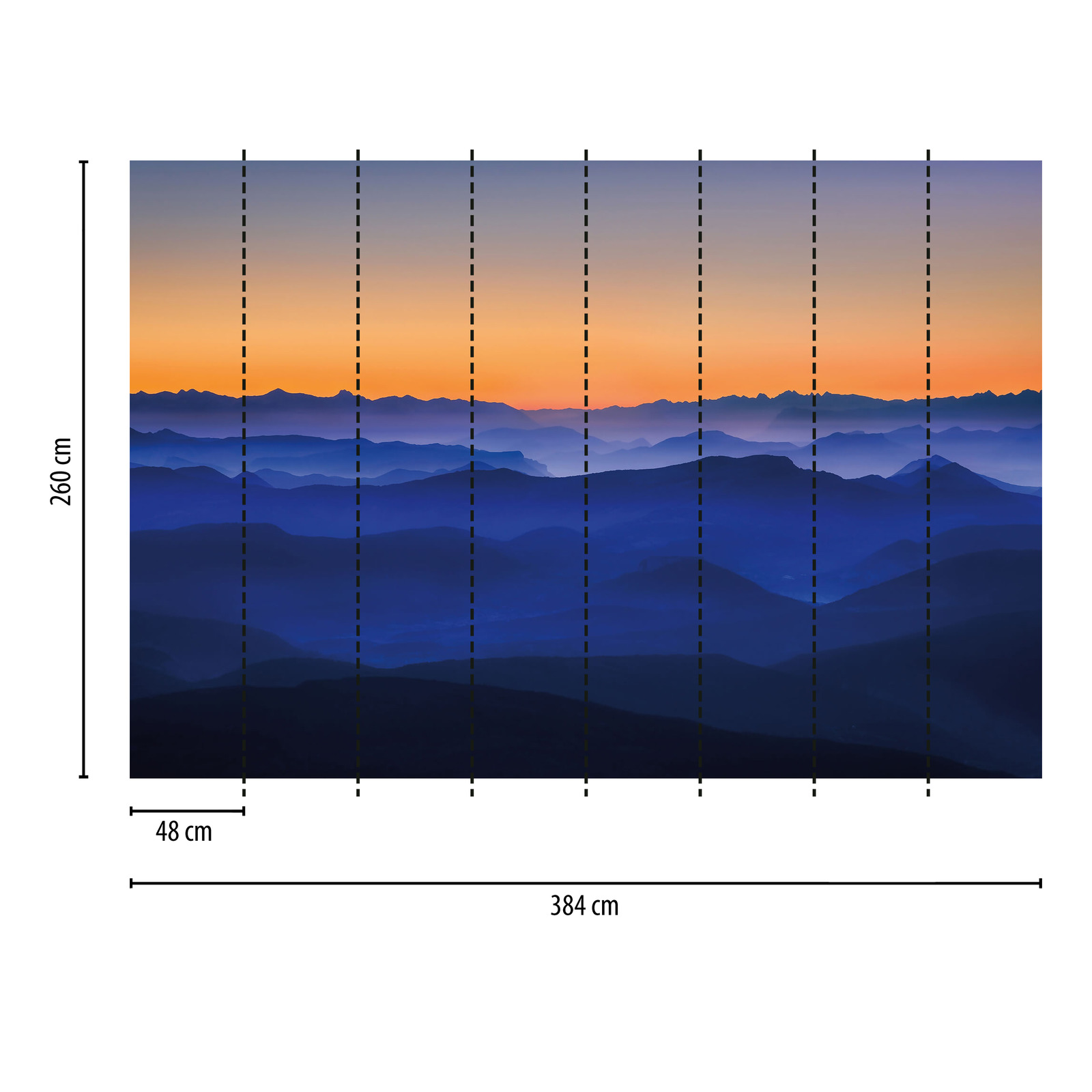             Papel pintado Montañas al amanecer - Azul, naranja, amarillo
        
