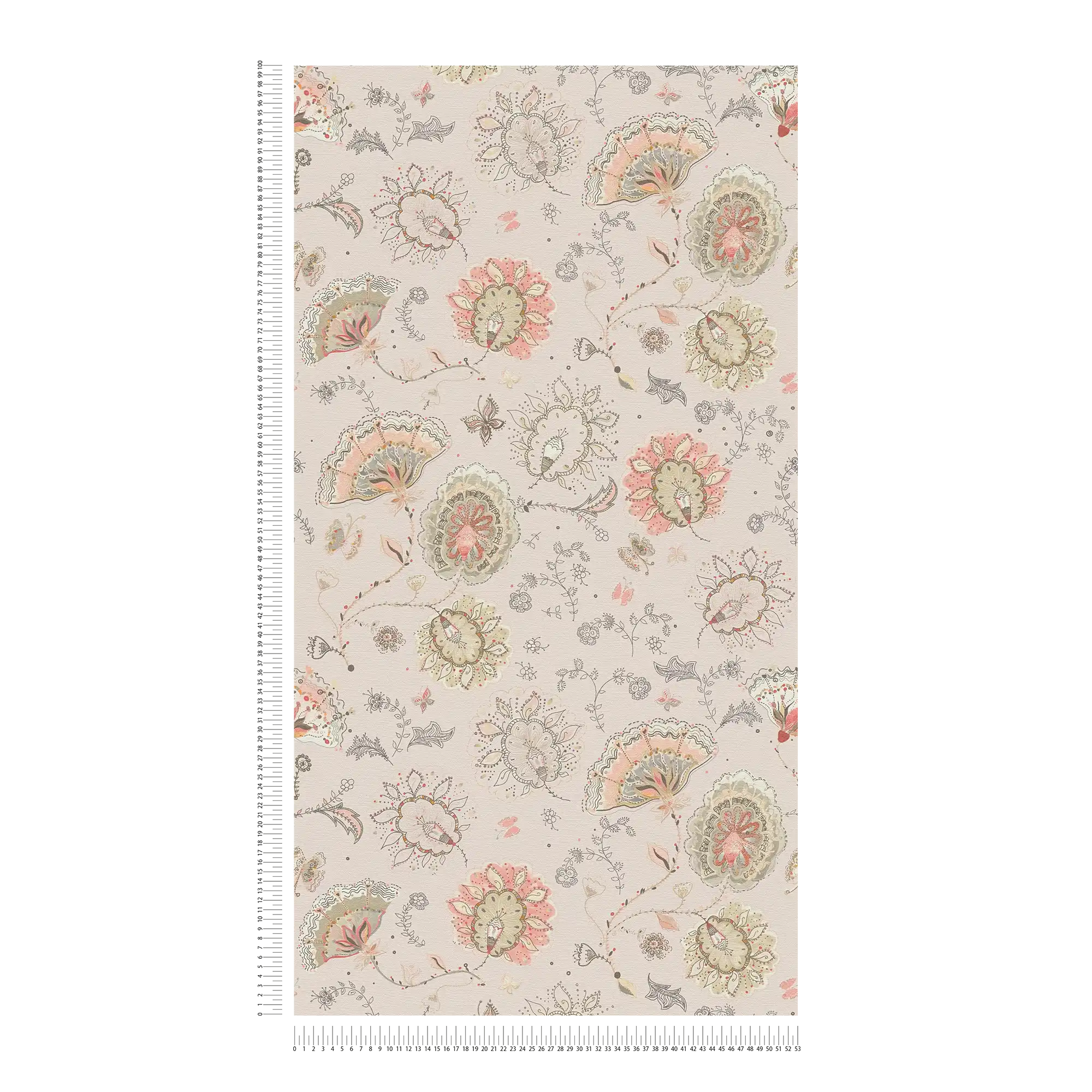             Carta da parati floreale con motivo floreale astratto e struttura fine - grigio, beige, rosso
        