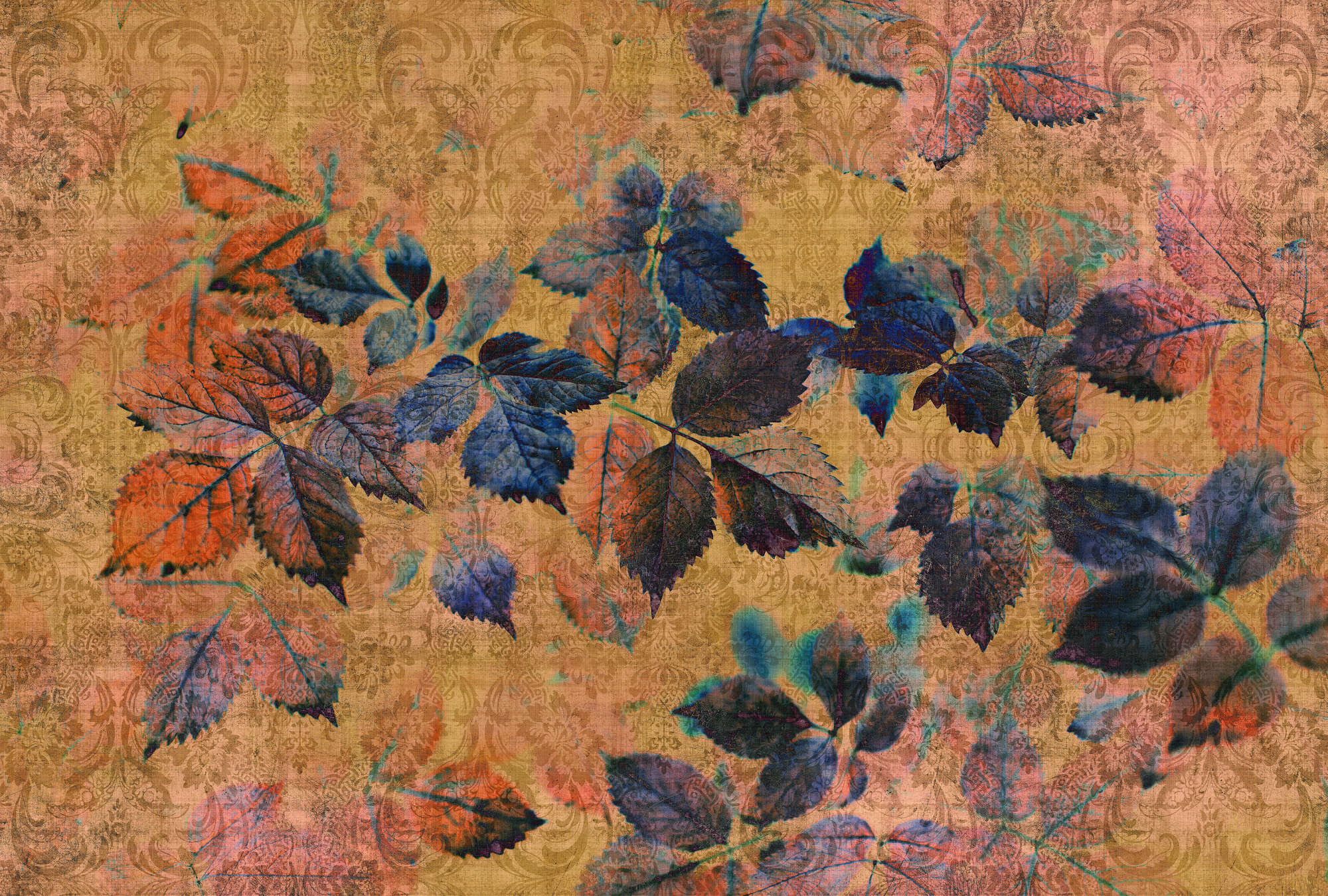             Indian summer 2 - Papel pintado floral en estructura de lino natural con ambiente cálido - Amarillo, Naranja | Premium liso no tejido
        