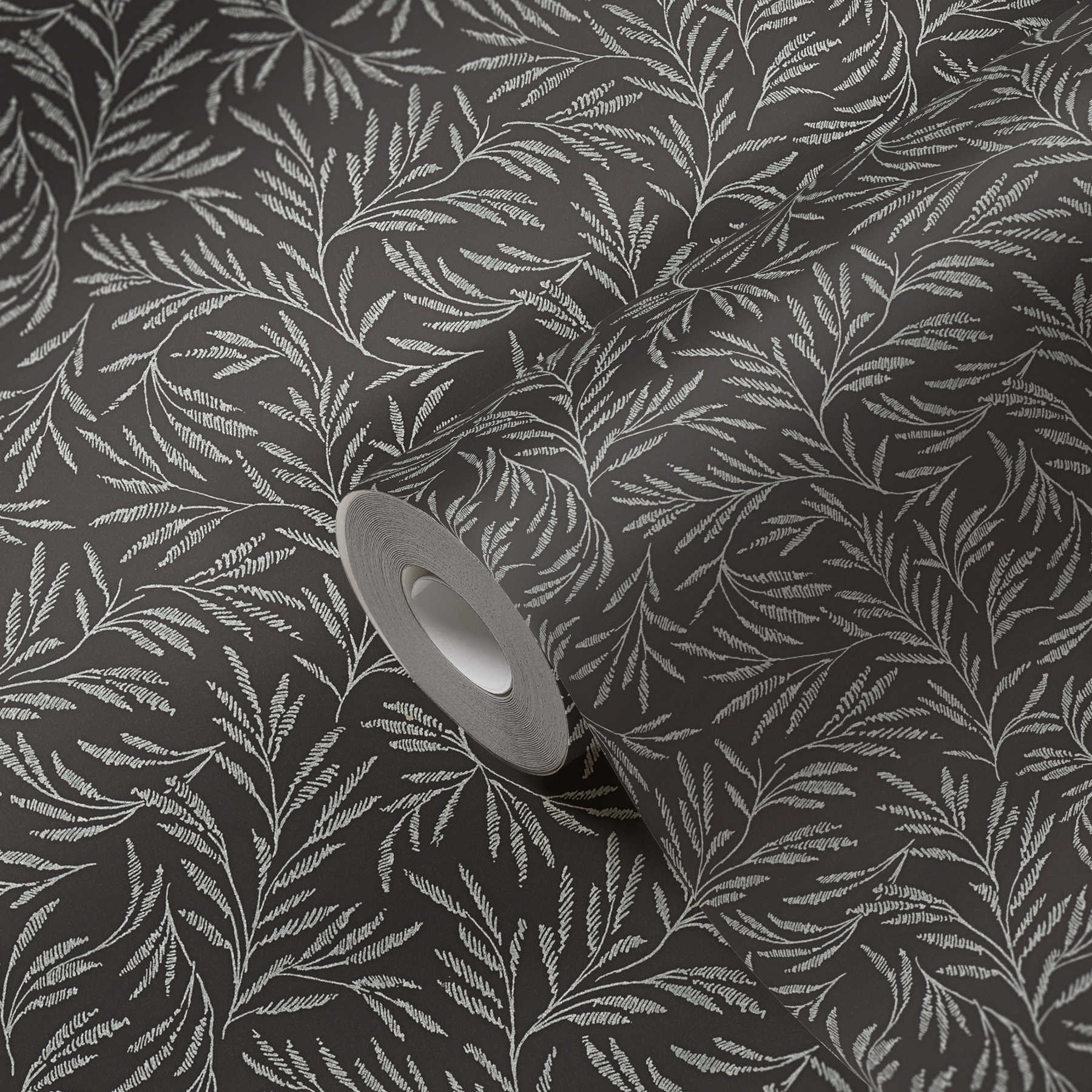             Papel pintado Vlie patrón metálico con zarcillos de hojas - metálico, negro
        