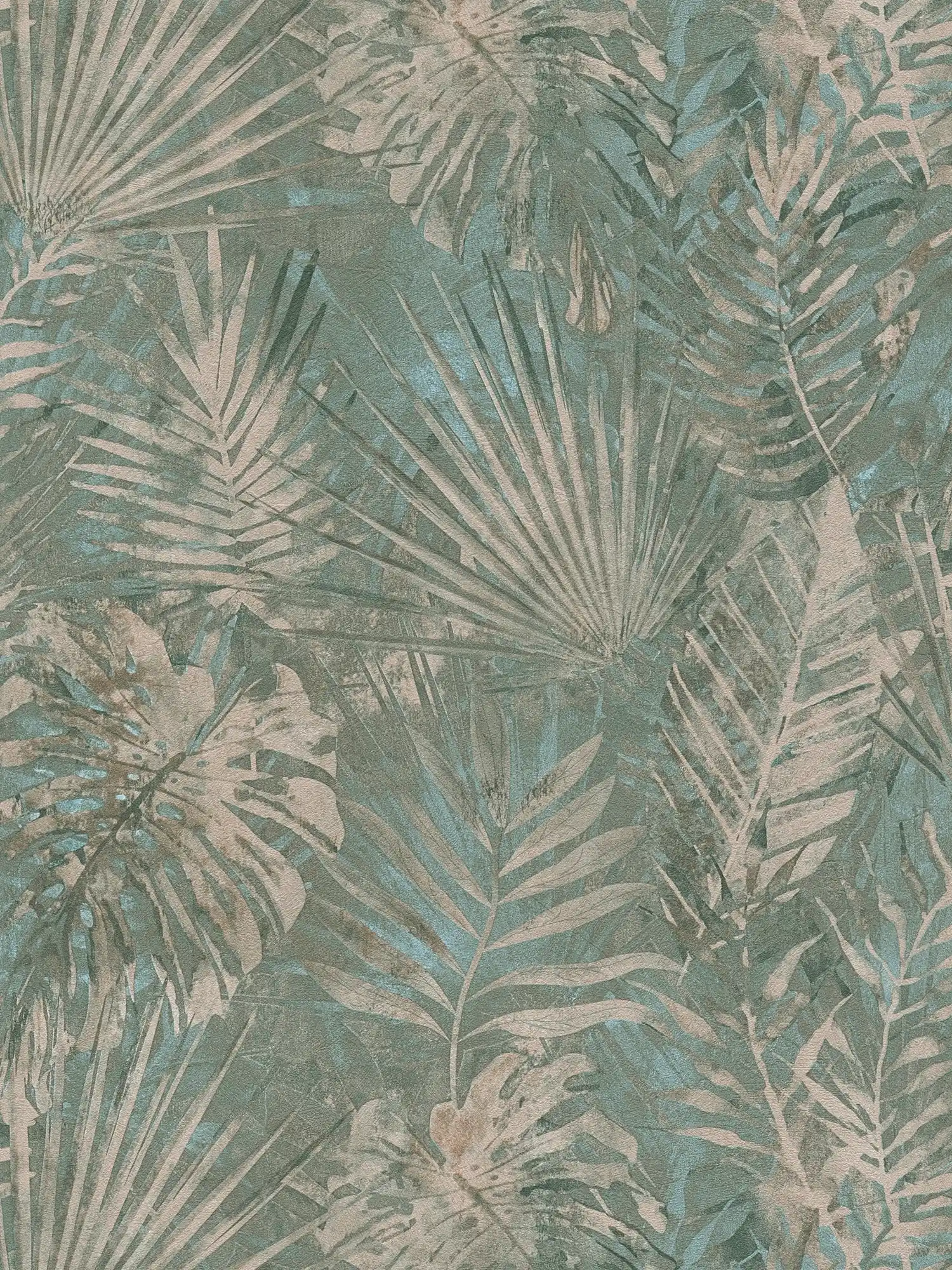         PVC-free wallpaper with jungle pattern in used look - green, blue, beige
    