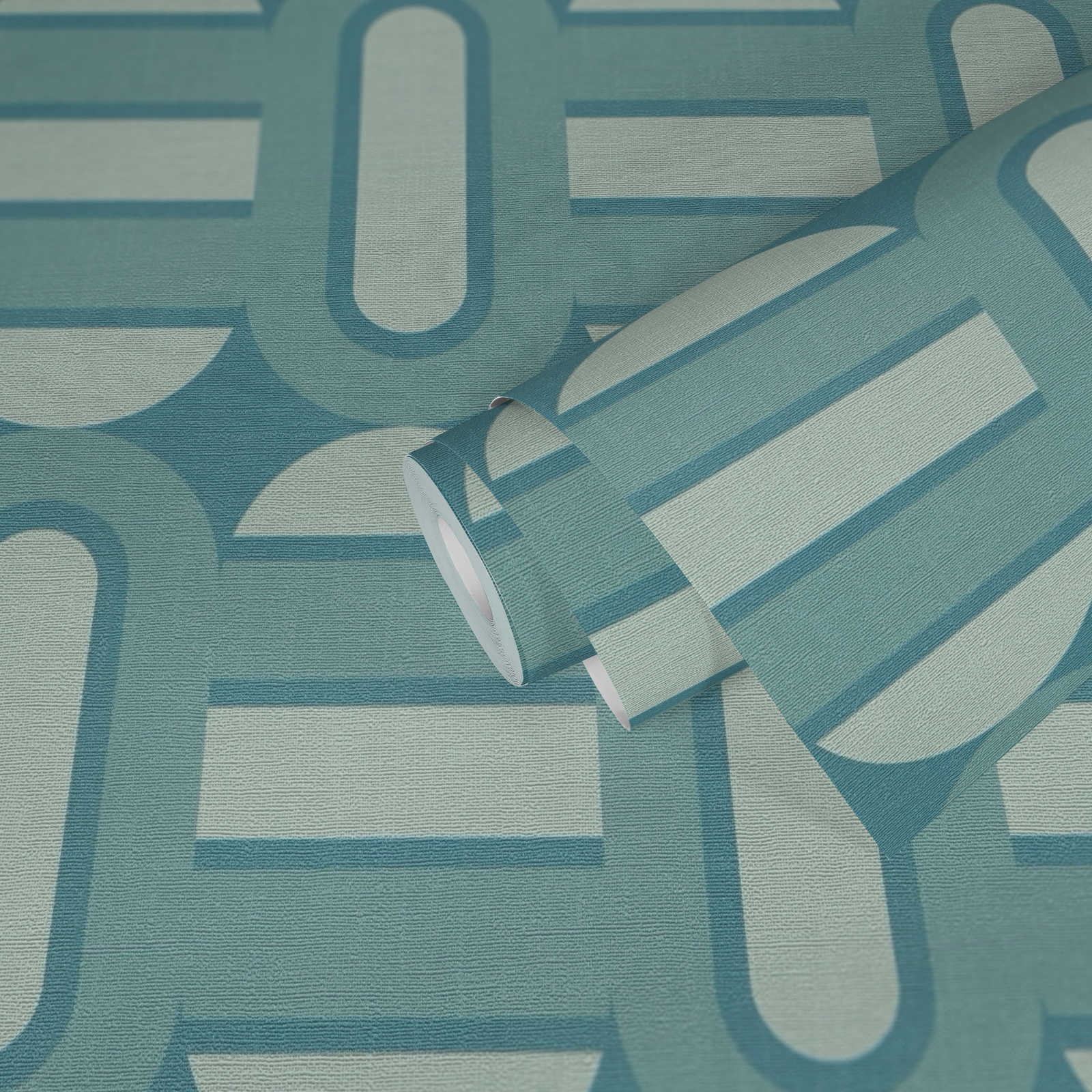             papier peint en papier légèrement structuré avec ovales et poutres de style rétro - turquoise, bleu, bleu clair
        