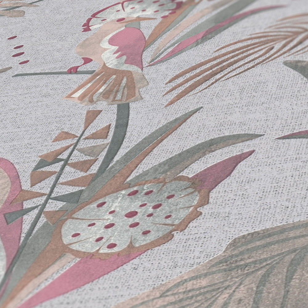             Papier peint avec plantes tropicales & oiseaux aspect lin - gris, marron, rouge
        