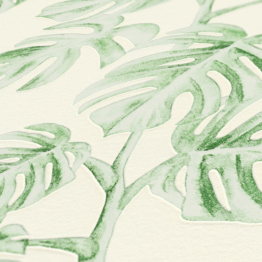             Non-woven wallpaper monstera vines, natural pattern - green, white
        