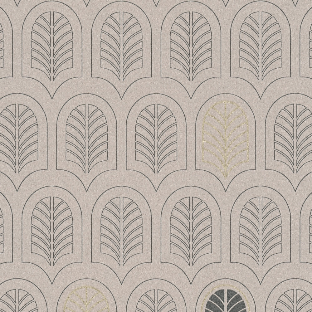             Papel pintado Art Deco con acentos metálicos y brillantes - taupe, antracita, beige
        